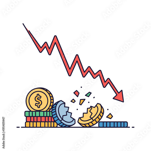 Financial Crisis Concept with Broken Coins and Declining Red Arrow Chart for Economic Recession and Market Crash Analysis