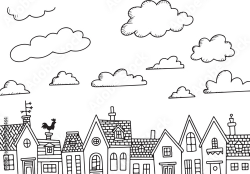town vector line art houses skyline with chimney windows and vane