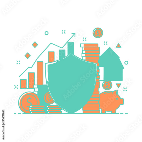 Financial Protection Shield Concept with Piggy Bank, Growing Charts, and Stacked Coins for Business Wealth Security Vector