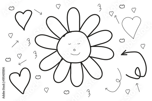 A smiling flower with hearts and musical notes