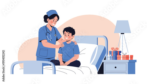 Nurse comforting a young boy in a hospital bed with gifts