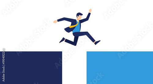 Businessman jumping over gap confidently.