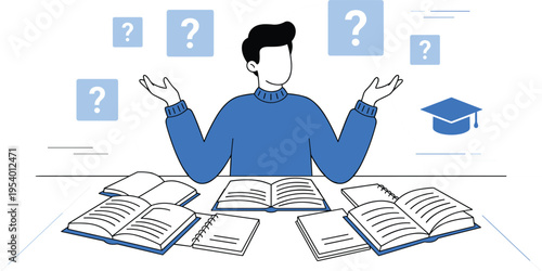 Confused student man overwhelmed by many books and question marks during exam preparation or difficult study sessions vector