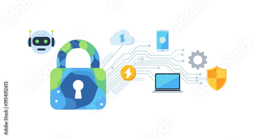 Cybersecurity and Data Protection Concept. AI Robot Securing Cloud Network, Devices, and Information Flow.