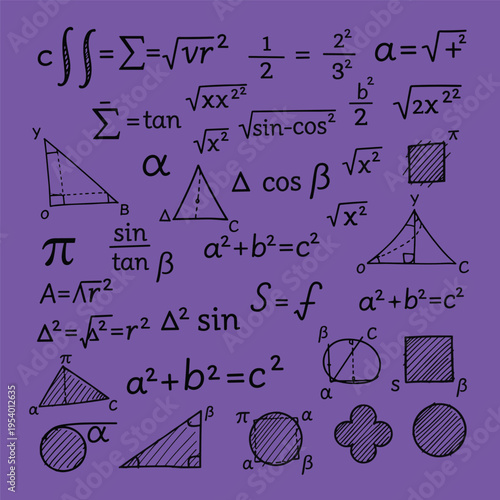 Mathematical symbols and geometric shapes.