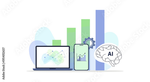 AI Driven Business Growth and Data Analytics Concept. Machine Learning Optimization on Digital Devices, Laptop, and Smartphone Technology Illustration.