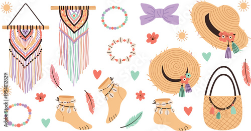 Boho Summer Accessories Vector Set with Dreamcatcher Straw Hat Sandals Tassel Bag Bracelets Feathers Hearts and Bohemian Festival Fashion Elements Collection