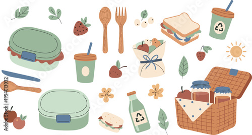 Eco Friendly Picnic Food Vector Set with Reusable Lunch Boxes Sandwiches Fruits Drinks Wooden Cutlery and Sustainable Zero Waste Outdoor Dining Elements