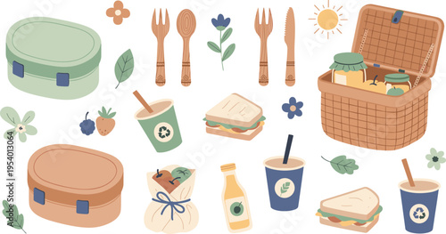 Eco Friendly Picnic Set Vector Illustration with Reusable Lunch Boxes Sandwiches Drinks Wooden Cutlery and Zero Waste Sustainable Outdoor Food Collection Design