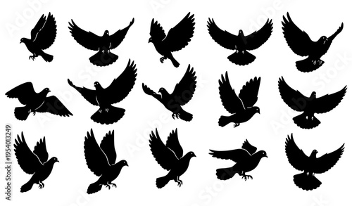Dove of peace silhouette set hand drawn flying bird vector collection black ink style isolated on white