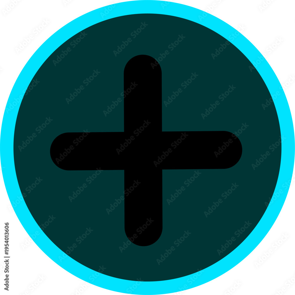 Obraz premium Simple plus icon centered in a dark circle with a glowing blue outline, symbolizing add, increase, positivity, medical aid, or user interface action.