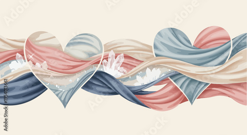 Elegant heart border design features flowing fabric ribbons in pastel pink, blue, and cream tones. Subtle white floral details enhance decorative heart border design, creating a gentle aesthetic.