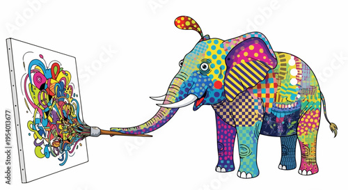 Colorful elephant painting abstract art on canvas, paintbrush in trunk. Vibrant elephant painting features patterned body, expressive swirls, artistic flair.