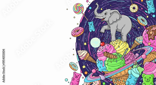 Whimsical candy world illustration features playful elephant, colorful ice cream scoops, and sugary donuts. Whimsical candy world filled with vibrant lollipops, gummy bears,