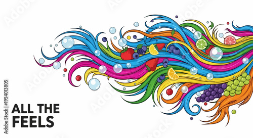 Vibrant fruit illustration showing flowing colorful waves, ripe berries, citrus slices. Dynamic fruit illustration features organic shapes, juicy grapes, strawberries, lemon,