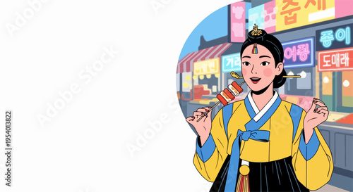 Korean street food scene with woman wearing hanbok, holding colorful sweet skewers. Bustling market stalls serve delicious Korean street food, showcasing vibrant culinary traditions.