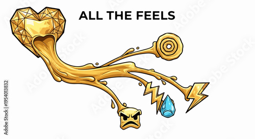 Melting golden heart illustrates emotions concept, dripping into symbols. Golden goo branches into thought, lightning, teardrop, anger, depicting feelings.