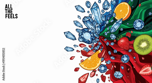 Colorful explosion with vibrant fruit slices, sparkling crystals, and flowing fabric. Abstract composition features dynamic burst of red, blue, green elements.