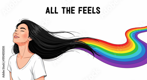 All the feels illustrated with woman closing eyes, vibrant rainbow hair flowing. Happy all the feels expression radiates joy, celebrating full spectrum feelings.