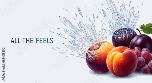 Juicy fruit explosion with vibrant plums, ripe peaches, and sweet grapes bursting from icy crystal shards. Fresh fruit explosion illustrates dynamic energy and natural sweetness,