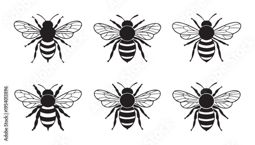 Detailed honeybee insect silhouettes with intricate wing patterns set of six flying bee illustrations for web