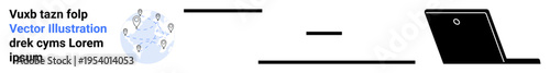 Remote work, digital communication, global connectivity, distance learning, online services, technology. Globe user connections, lines and a laptop. Remote work and digital communication