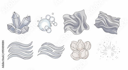 Collection hand drawn elements features various gray colored crystals and light foam bubbles. Detailed hand drawn elements include flowing fabric, stylized water waves, natural pebbles,