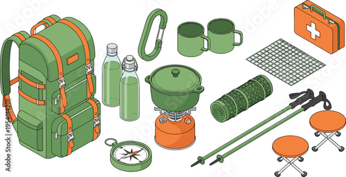 Camping gear illustration set, outdoor hiking equipment collection including backpack, stove, compass, trekking poles, survival kit, adventure travel design
