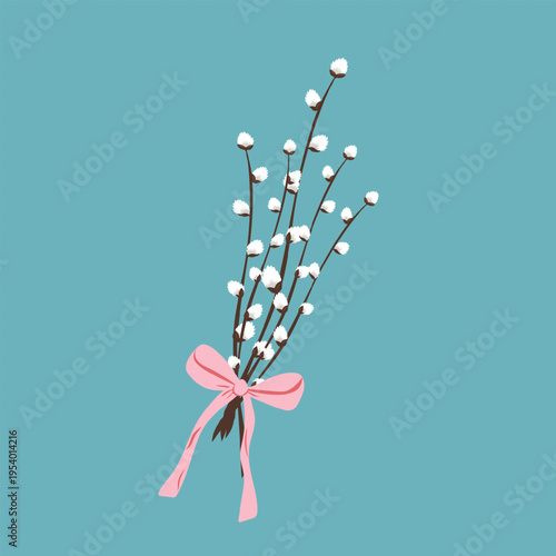 Minimal vector illustration of pussy willow branches tied with pink ribbon. Spring floral symbol suitable for Palm Sunday greeting card, seasonal banner, church announcement or elegant holiday design.