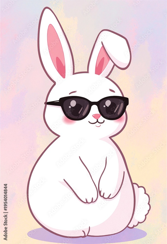 Obraz premium Cute funny bunny wearing sunglasses on pastel color background