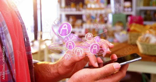 Vertical video: Customer tapping phone at bakery, hologram expanding above phone to show contacts