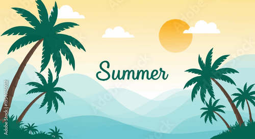 Summer Oasis: A vibrant illustration showcasing the essence of summer, with swaying palm trees, the warm sun, gentle clouds, and serene ocean, all set against a tranquil gradient background