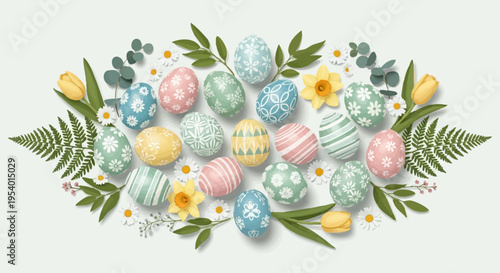 Easter Egg Bloom: An exquisite array of pastel-colored Easter eggs artfully arranged amidst a vibrant floral arrangement, symbolizing the joyful celebration of renewal and the advent of spring.