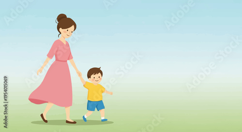 Mother's Tender Stroll with Young Child: A heartwarming illustration captures a mother and child enjoying a gentle walk, the essence of love and care. 