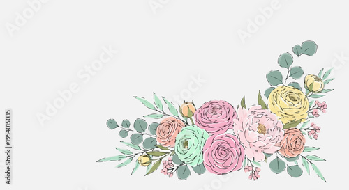 Floral Elegance: A delicate arrangement of pastel-colored blooms and verdant leaves dances gracefully, offering a breath of freshness and charm.