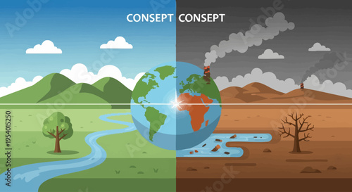 Environment Crisis: A visually striking illustration juxtaposes the contrasting states of our planet, showcasing the beauty of a healthy world versus the devastation of environmental damage.