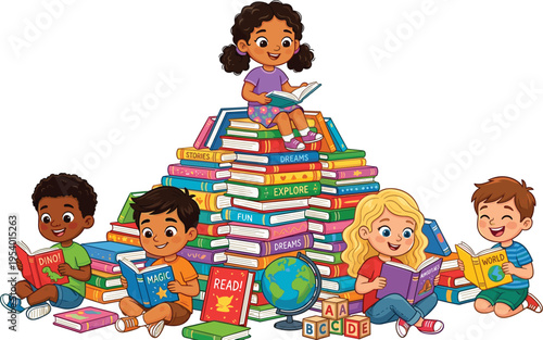 Diverse group of happy children reading books sitting around large stack of colorful textbooks and school supplies vector