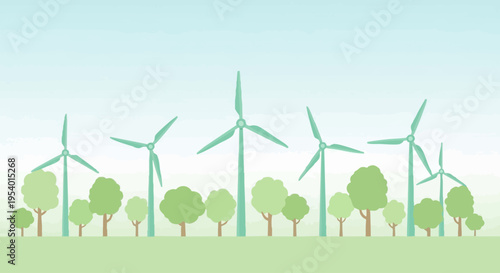 Eco-Friendly Energy Landscape: An illustration of verdant wind turbines gracefully stand alongside lush trees in a vibrant meadow.