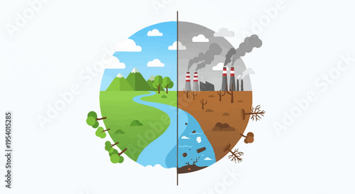 Climate Change Divide: Depicts the stark contrast between a thriving, verdant environment and a polluted, desolate one, symbolizing the impact of climate change.