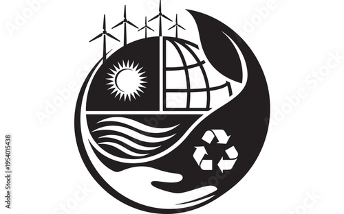 Globe eco friendly symbol with recycling logo, wind turbines, sun, and wavy lines representing sustainability and environmental conservation in a yin