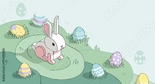 Easter Bunny's egg hunt: In an idyllic scene, a cute cartoon bunny prepares for Easter celebrations, surrounded by decorated eggs nestled in the grass, ready for the upcoming holiday.