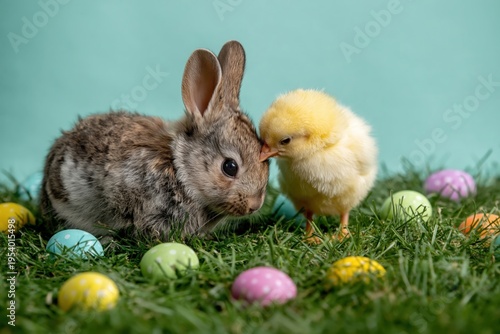 Cute bunny and chick in green grass with colorful easter eggs on a soft blue background in a sweet spring holiday scene.