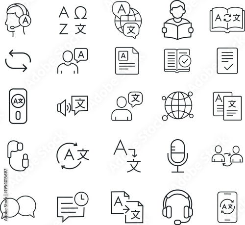 Translation vector icon set, interpreter, alphabet, global language, reading, document, mobile app, audio, conversation, exchange