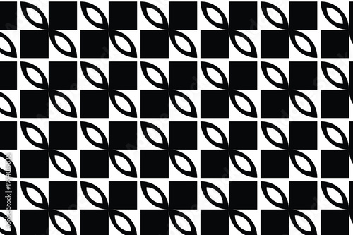 Modern Black and White Geometric Tile Pattern with Leaf Shapes Seamless Background