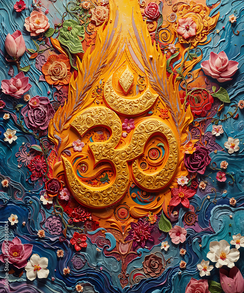 Fototapeta premium Vibrant Psychedelic Glowing Om Symbol Sacred Mandala, Cosmic Spiritual Energy Art – Lucid Origin Collection [01-50]/50 – Vector Illustration