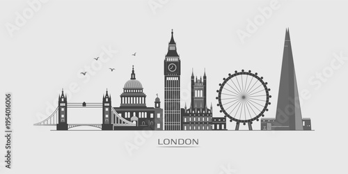 London skyline silhouette with Tower Bridge and iconic city landmarks