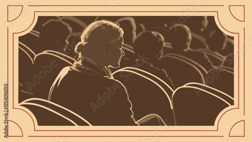A vector graphic illustration of a man sitting in a crowded theater or cinema, surrounded by other spectators, in a flat, minimalist design with a sepia-toned color scheme.