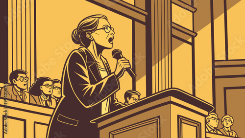 A woman stands confidently at a podium, addressing an audience in a courtroom setting with a microphone in hand.