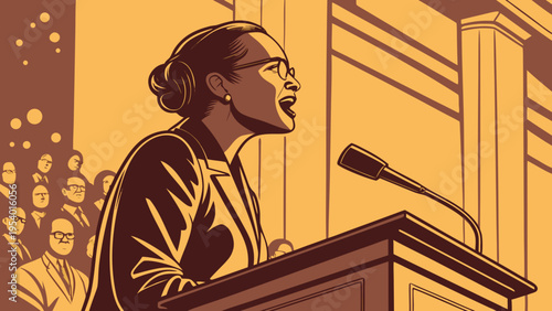 A confident woman giving a speech at a podium in front of an audience