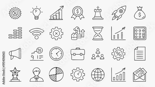 A collection of business and finance icons in a flat, minimalist design style